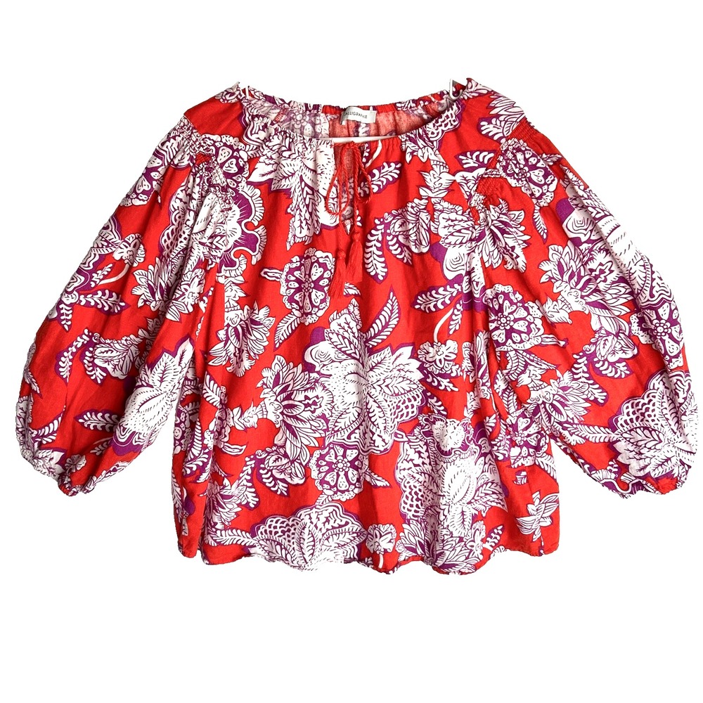 Calligraphie Linen Blend Peasant Top Women XXL Tassel Bold Floral Red Purple $68